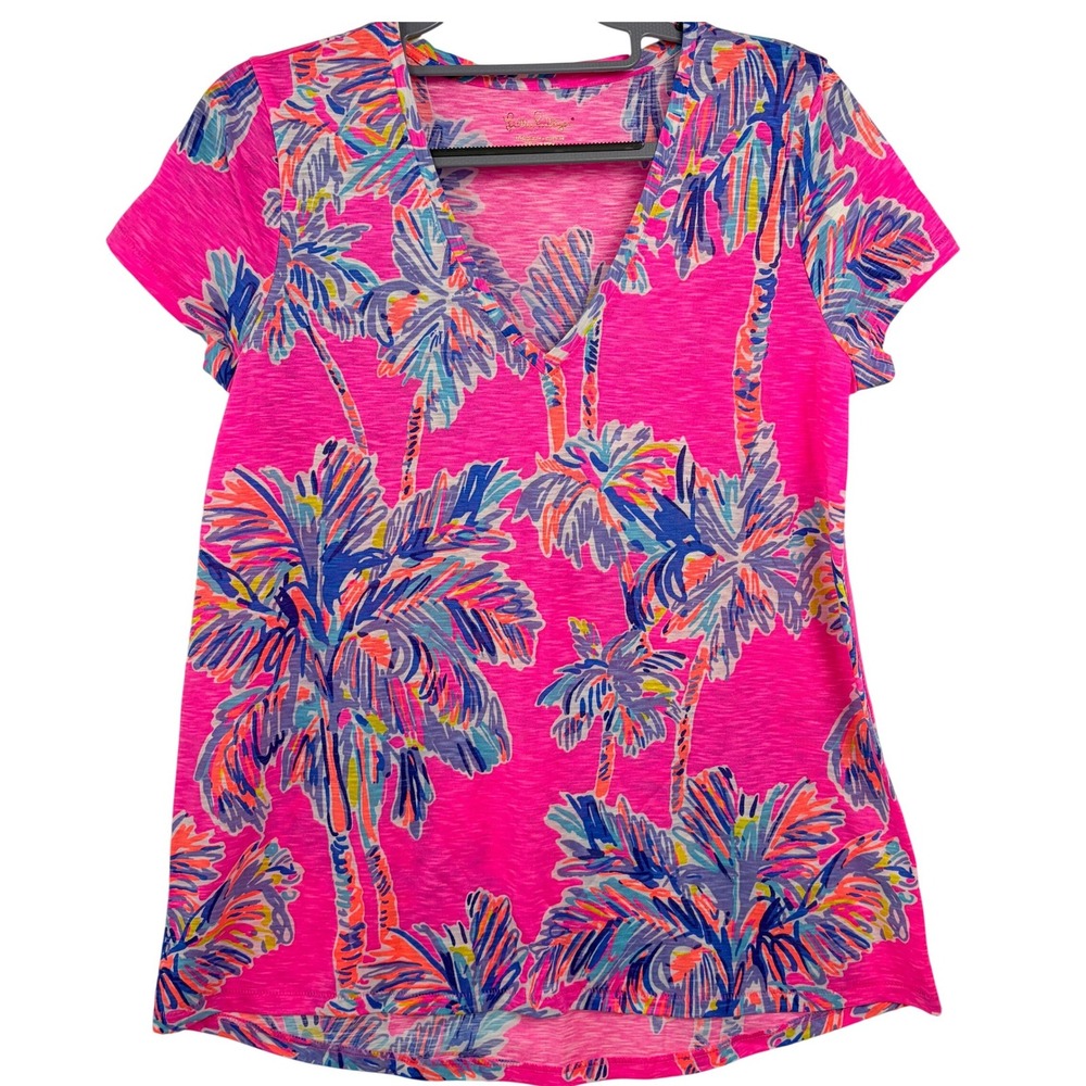 Lilly Pulitzer Etta V-Neck Top Size S Pink Tropical Palm Print